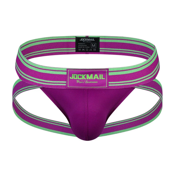 Front view of a purple jockstrap with bright green striped straps and waistband