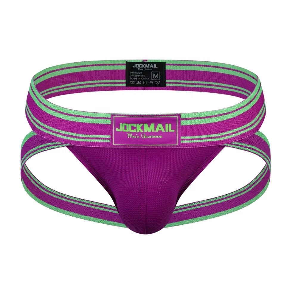 Front view of a purple jockstrap with bright green striped straps and waistband