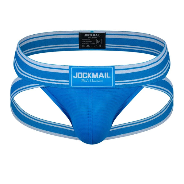 Front view of a blue men's jockstrap with white-striped waistband and leg straps