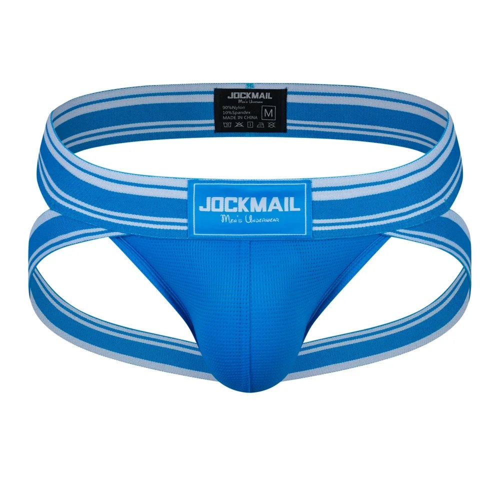 Front view of a blue men's jockstrap with white-striped waistband and leg straps