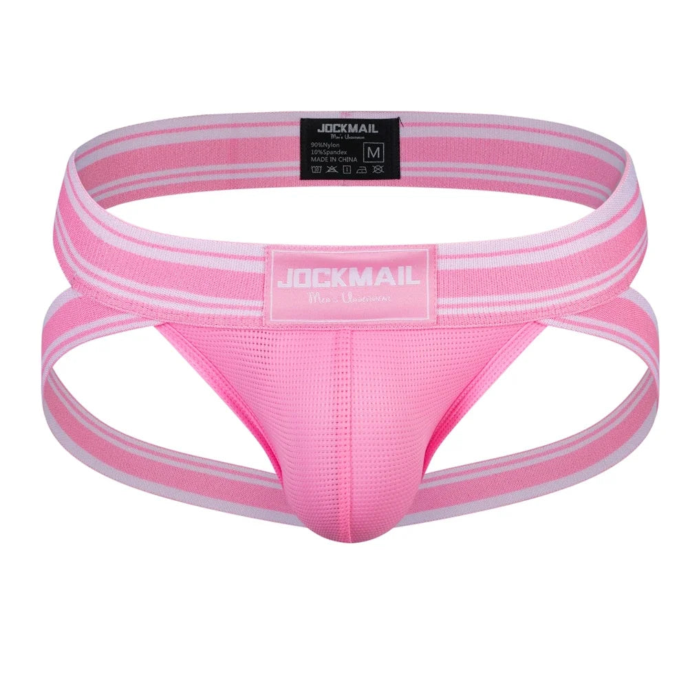 Front view of a pink striped mesh jockstrap with a pouch and twin rear straps