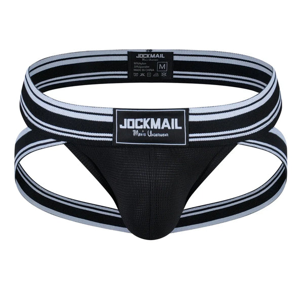 Front view of a black mesh jockstrap with black-and-white striped straps