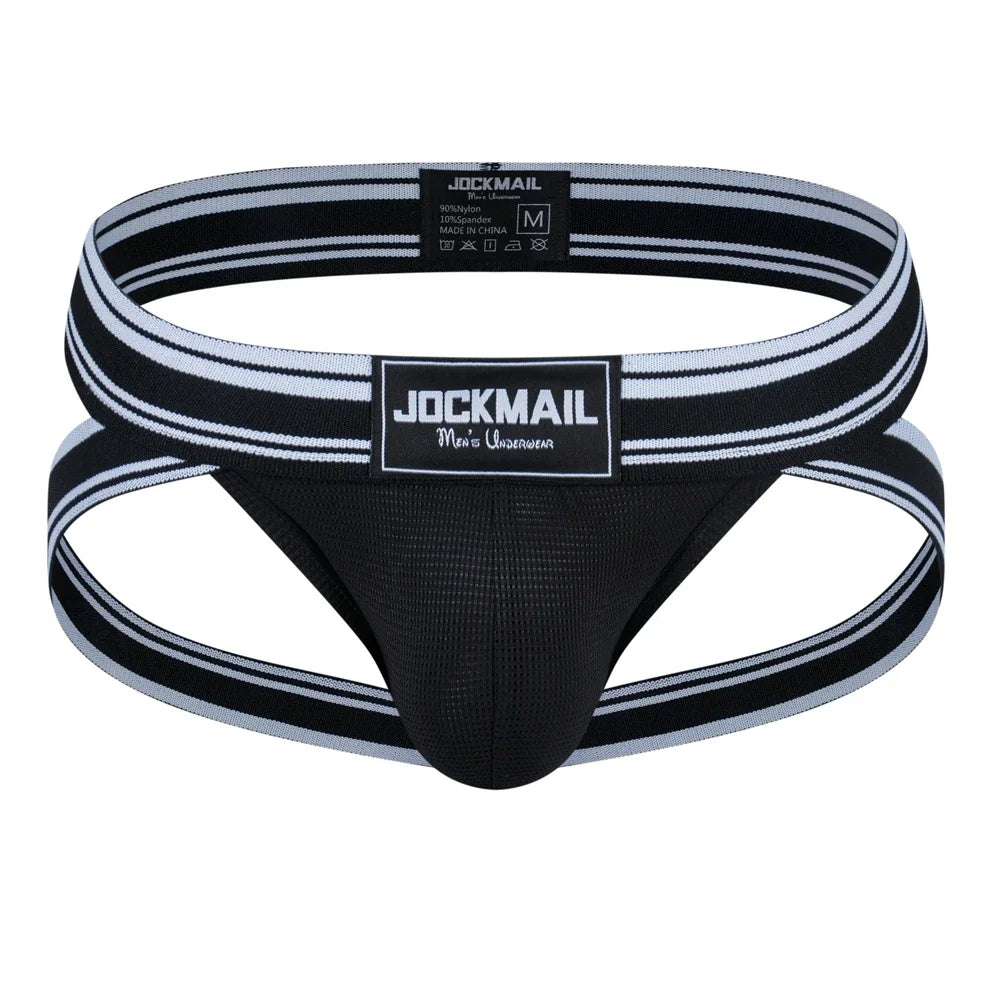 Front view of a black mesh jockstrap with black-and-white striped straps