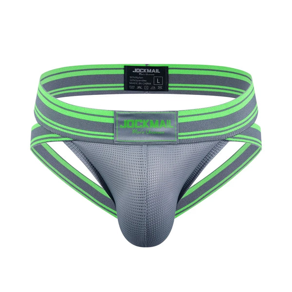 Front view of a gray mesh jockstrap with neon-green striped straps and pouch