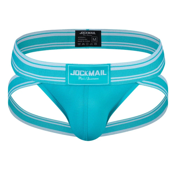 Front view of a turquoise mesh jockstrap with striped elastic straps and JOCKMAIL labels