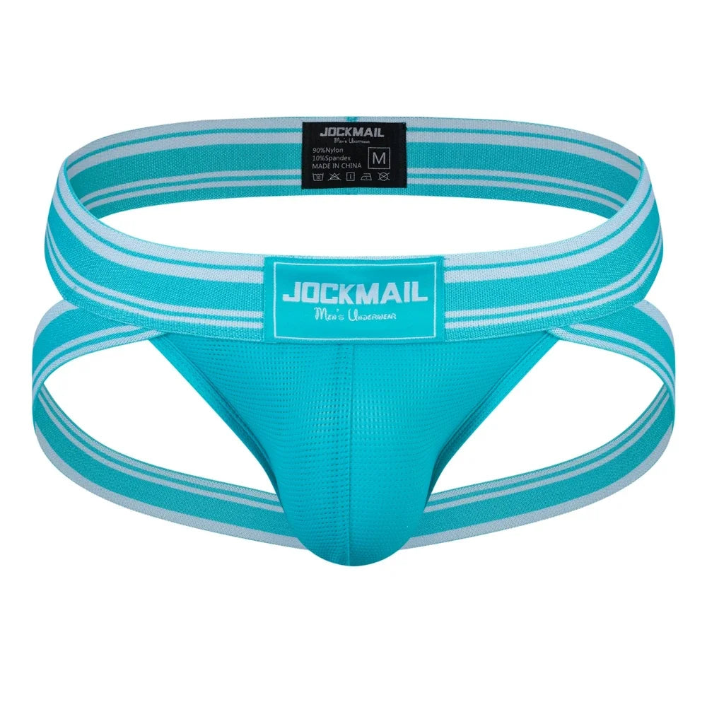 Front view of a turquoise mesh jockstrap with striped elastic straps and JOCKMAIL labels
