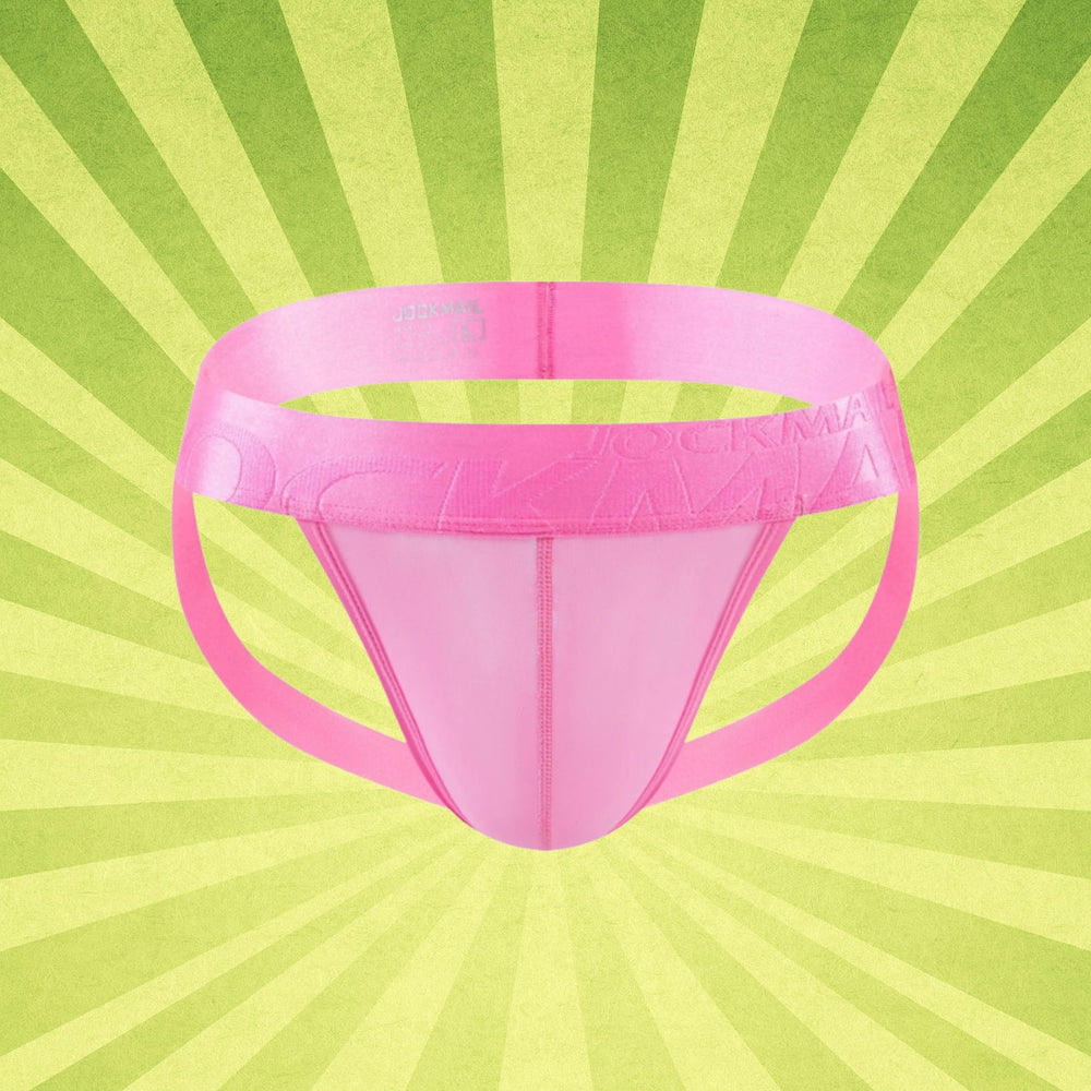 Front view of a pink jockstrap with a wide branded waistband and two rear straps