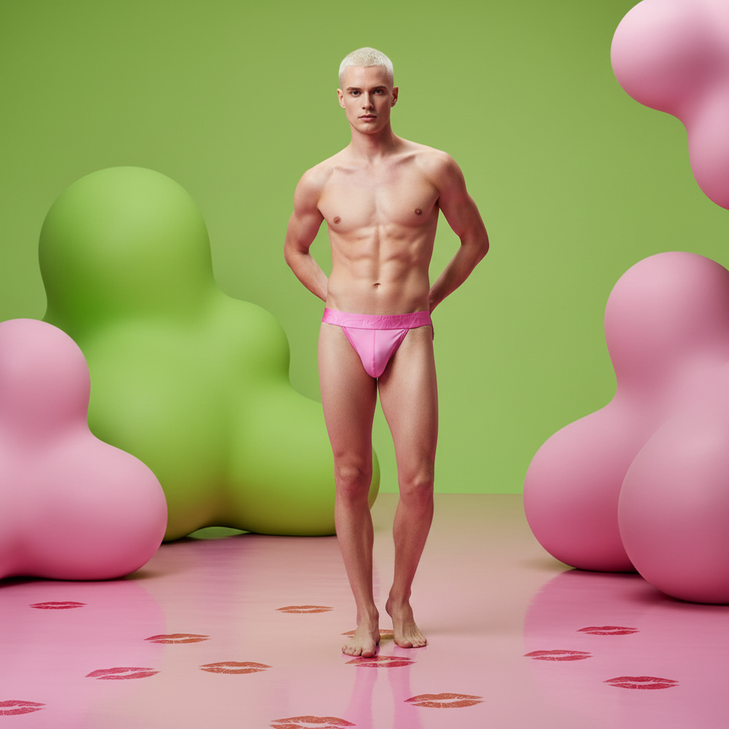 Fit pale-skinned person with bleached hair models Jockmail Glitter Kiss Ice-Silk Jockstrap on glossy floor with lipstick