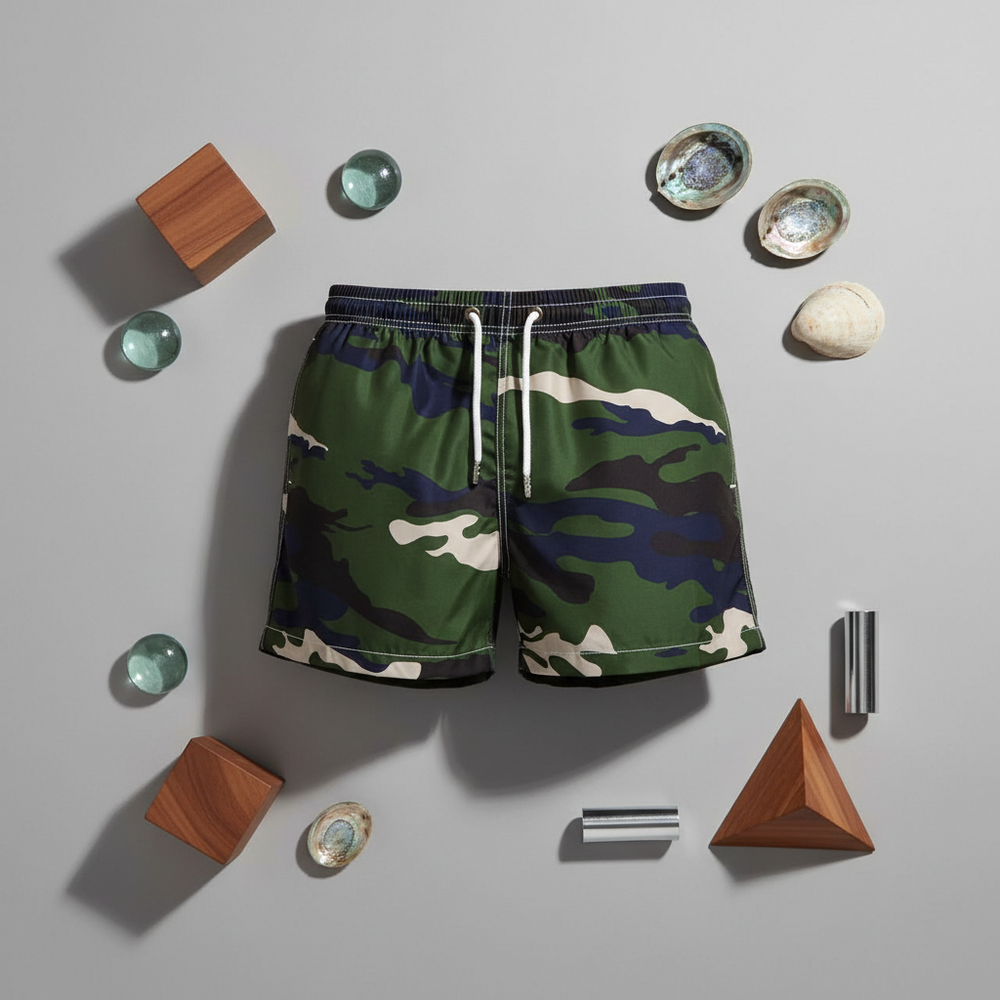 Jockmail green camo board shorts with a crisp white drawstring, laid flat on gray