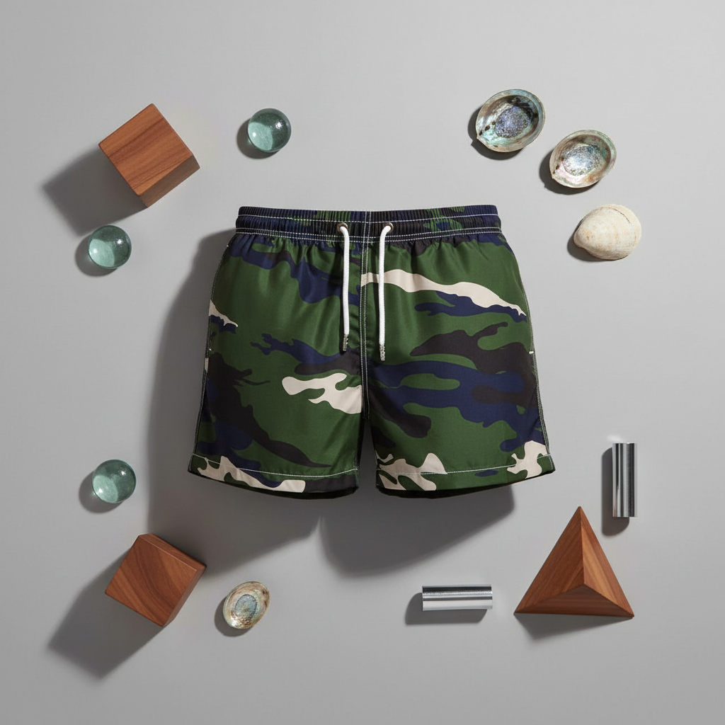 Jockmail green camo board shorts with a crisp white drawstring, laid flat on gray