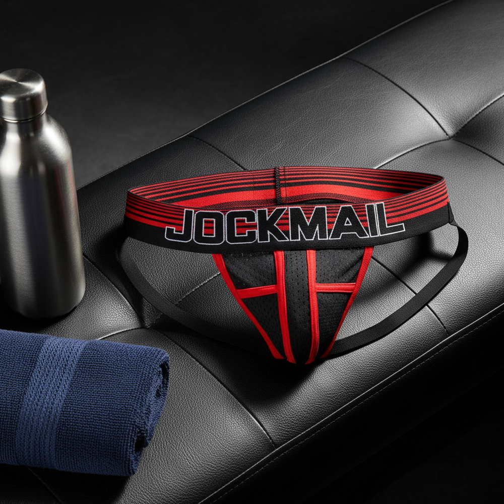 Black and red Jockmail jockstrap displayed on a black leather bench