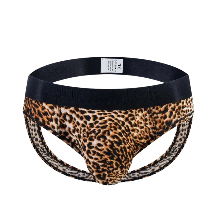 Front view of a leopard-print men's thong with a black waistband and open side straps