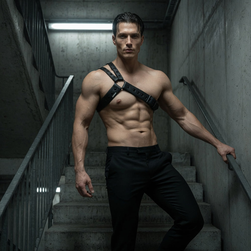 Front-facing shirtless model wearing a black leather shoulder harness on stairs