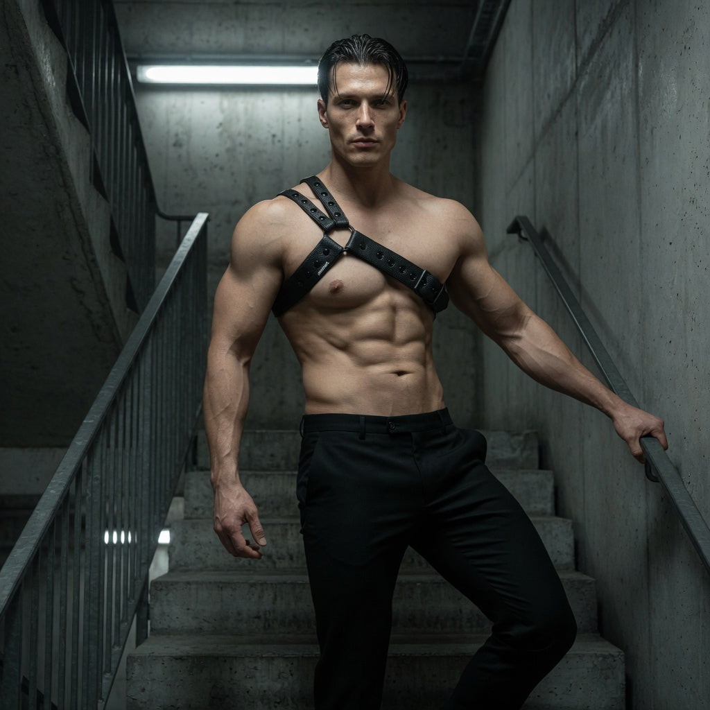 Front-facing shirtless model wearing a black leather shoulder harness on stairs