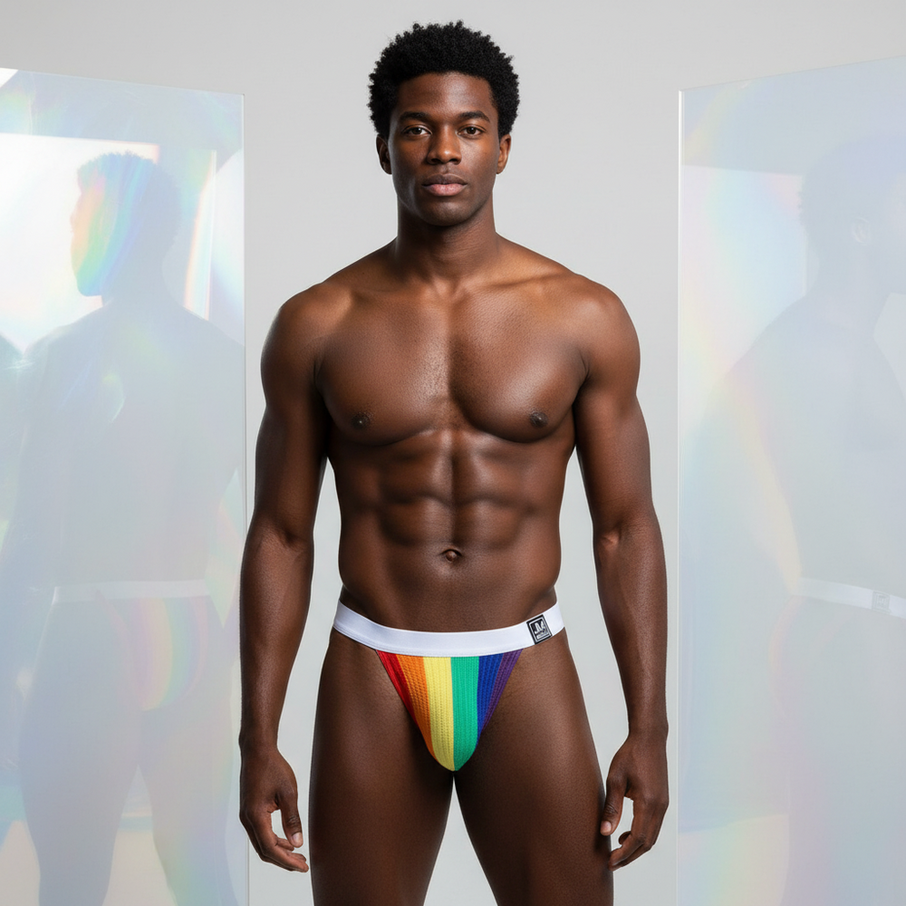 Model wearing a rainbow-striped jockstrap with a white waistband