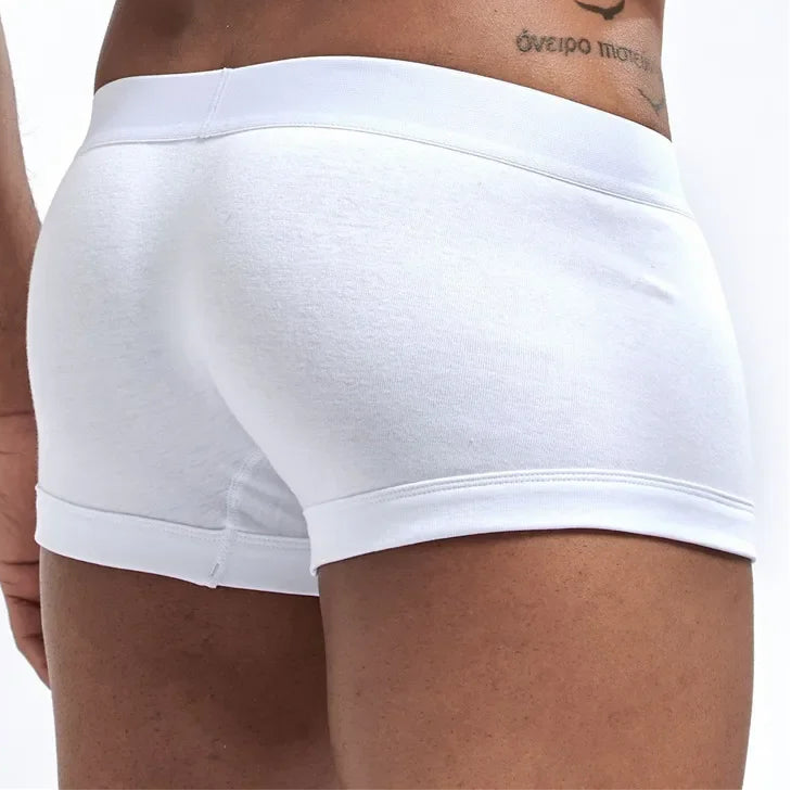 Close-up rear view of a model wearing fitted white boxer briefs with a supportive pouch seam