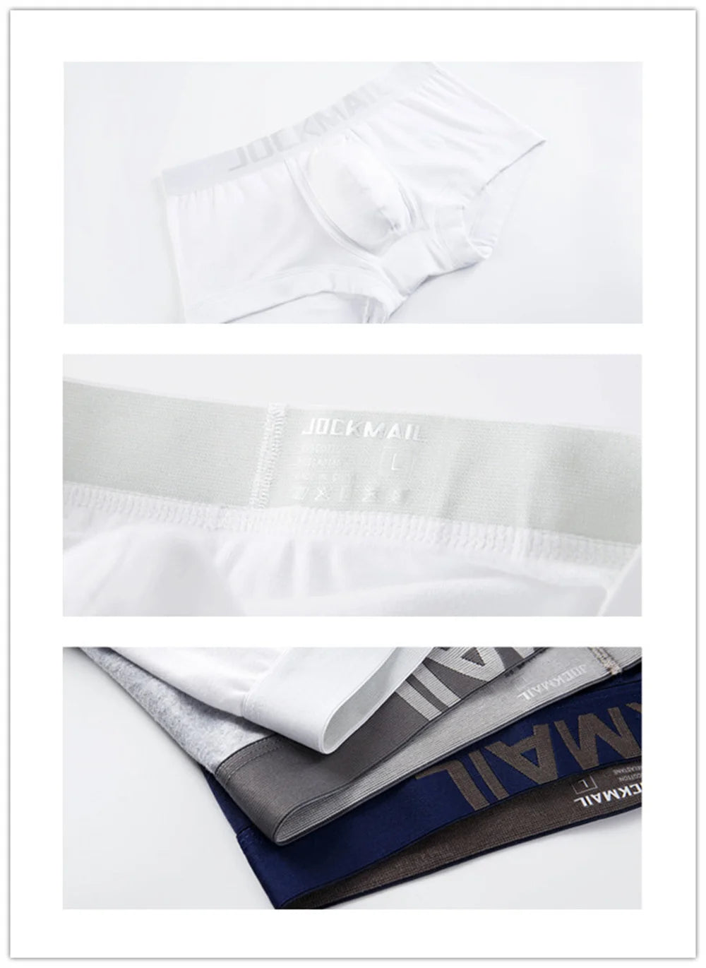 Jockmail low-waist boxers shown in white with a waistband close-up and folded multicolor pairs