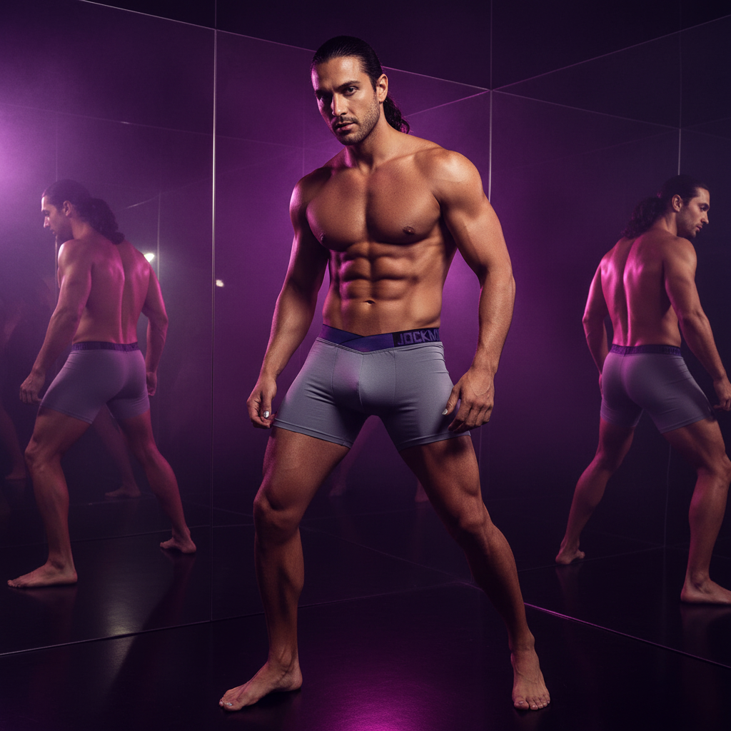 A muscular person with long hair poses confidently in Jockmail Mesh Magic Butt-Lifting Boxers