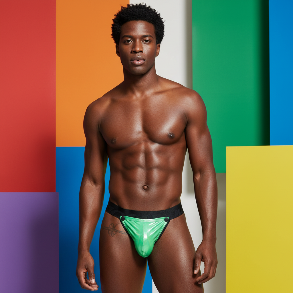 Muscular person with short curls and hip tattoo models shiny green Jockmail Minimal Reflective Rainbow Jockstrap