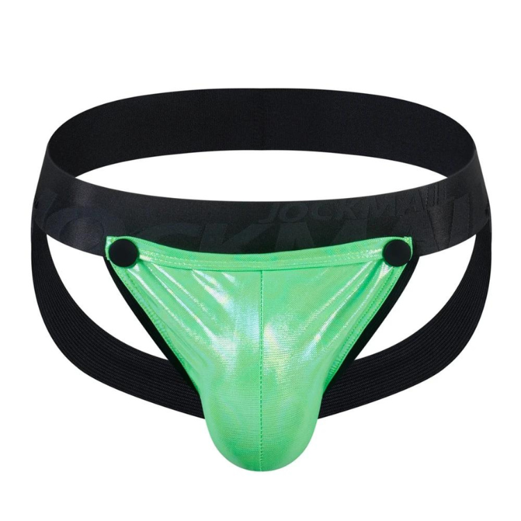 Front view of a neon-green shiny jockstrap with black waistband and leg straps