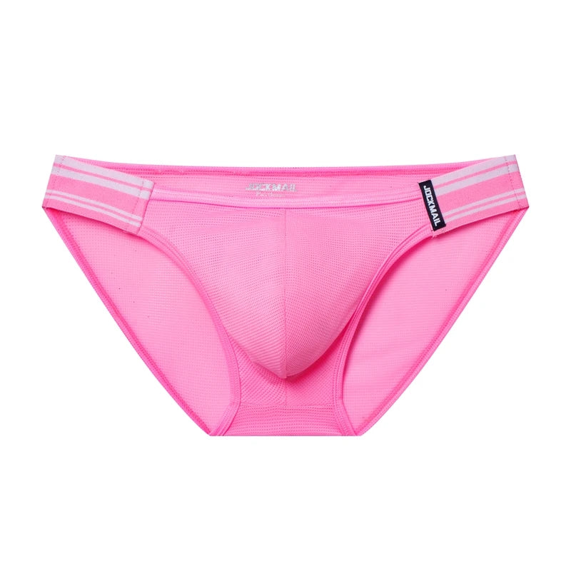 Front view of bright pink mesh bikini briefs with a contoured pouch and striped waistband