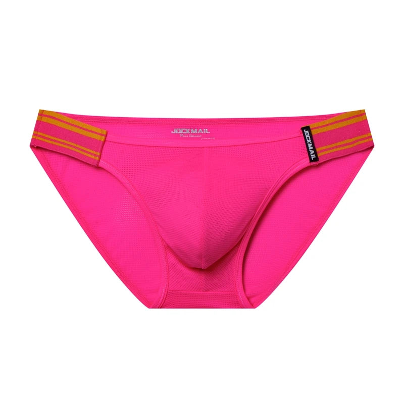Front-facing hot-pink mesh brief with orange-striped waistband accents and side JOCKMAIL tags