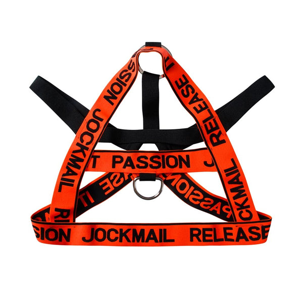 Flat-lay orange and black elastic chest harness with printed wording and metal D-ring