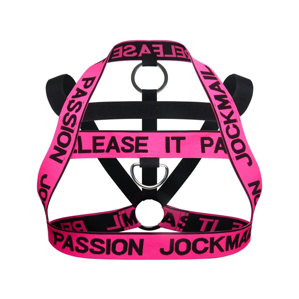 Front view of a neon pink and black elastic harness with metal rings and printed wording