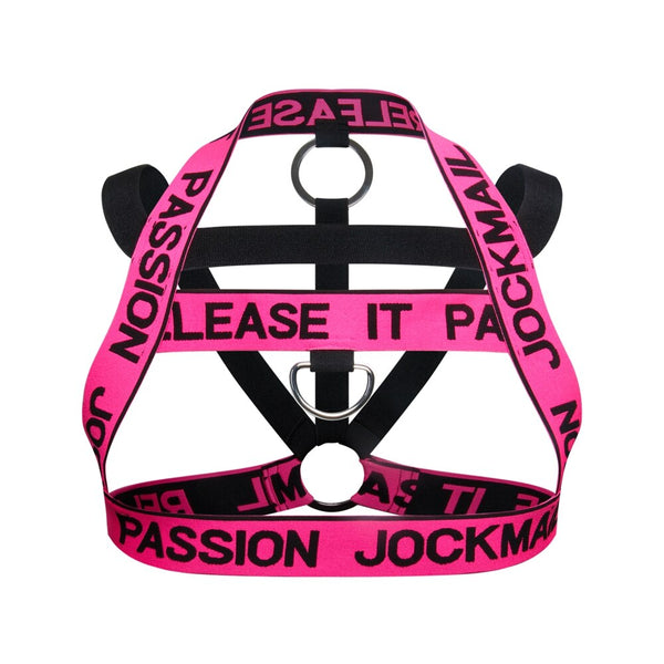 Front view of a neon pink and black elastic harness with metal rings and printed wording
