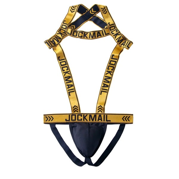Flat-lay gold Jockmail-logo bodysuit and thong harness with a black pouch