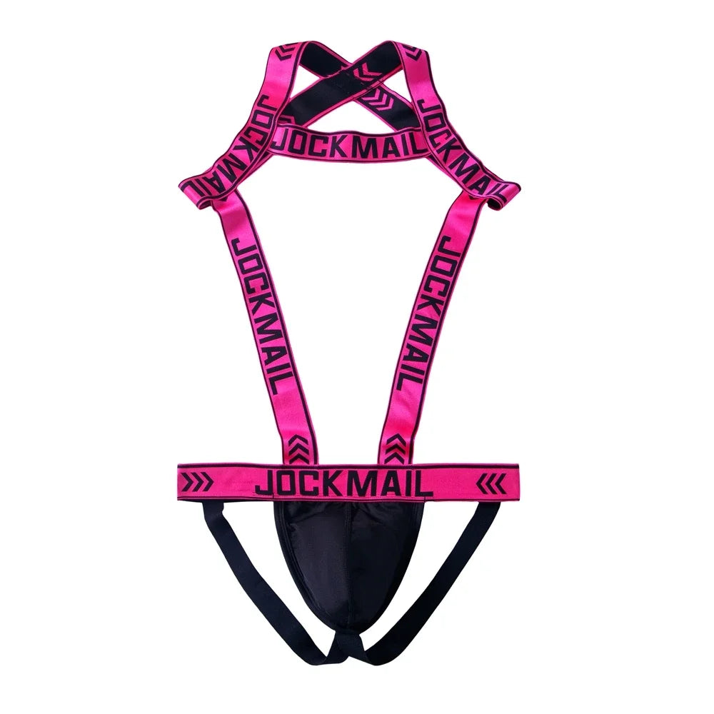 Front-facing neon pink and black jockstrap harness with black pouch and JOCKMAIL text