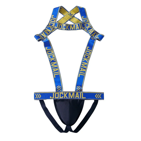 Flat-lay blue and gold Jockmail jockstrap harness with a black pouch