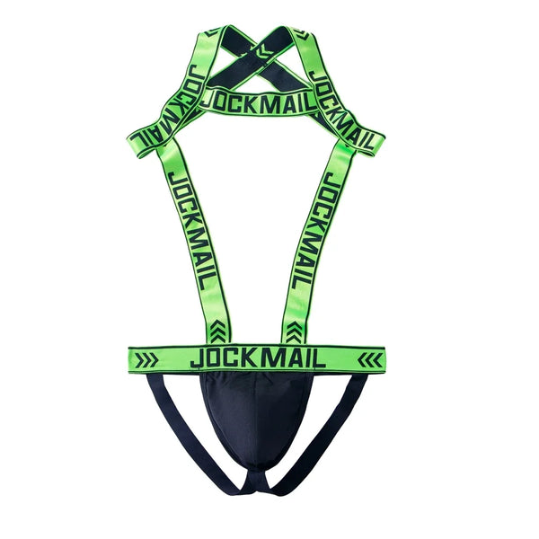 Flat-lay neon green and black jockstrap harness with a front pouch