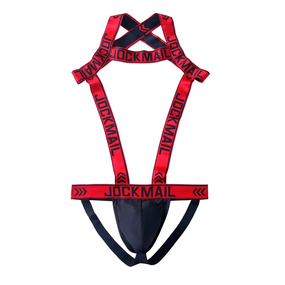 Front-facing flat lay of a red and black Jockmail jockstrap harness with pouch