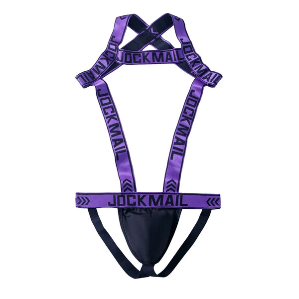 Flat-lay purple Jockmail harness with black pouch and thong straps