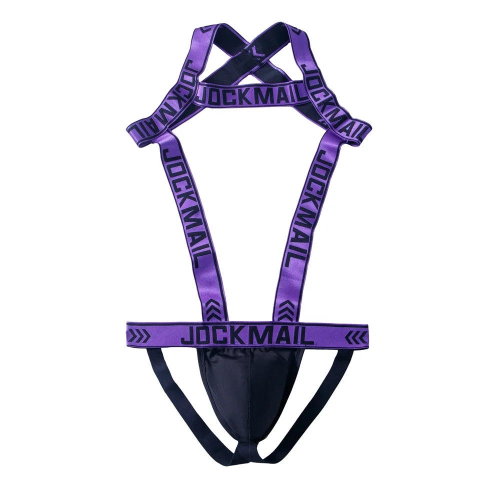 Flat-lay purple Jockmail harness with black pouch and thong straps