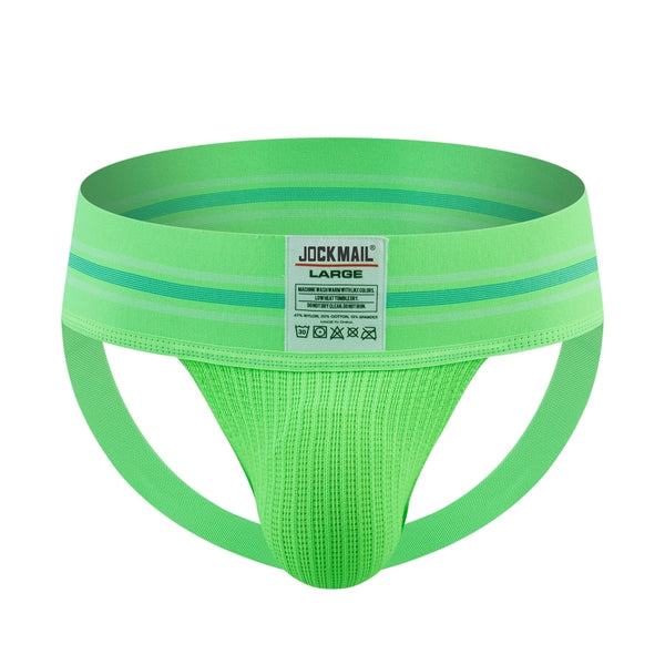 Front view of a bright green striped jockstrap with a wide waistband and pouch