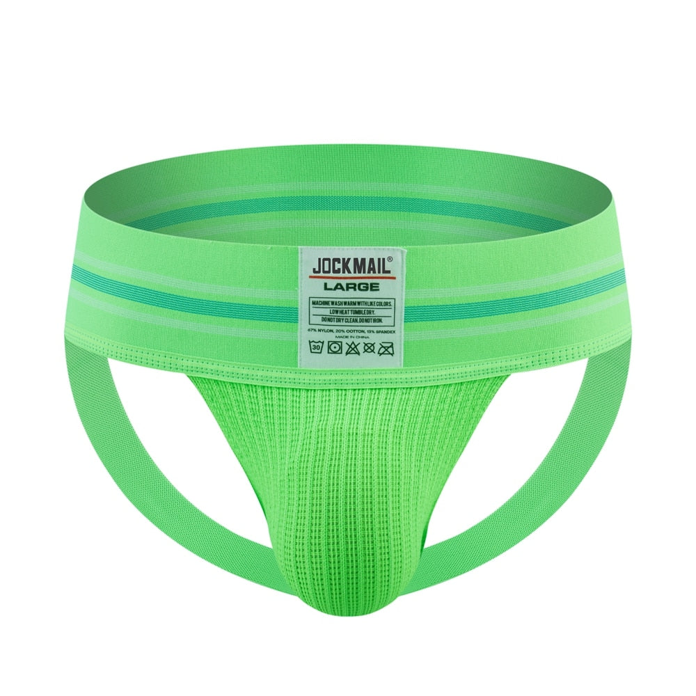 Front view of a bright green striped jockstrap with a wide waistband and pouch