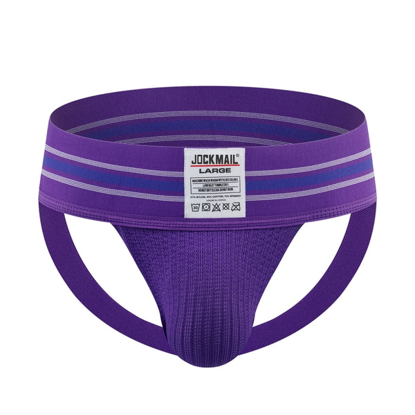 Front view of a purple gay jockstrap with striped waistband and pouch