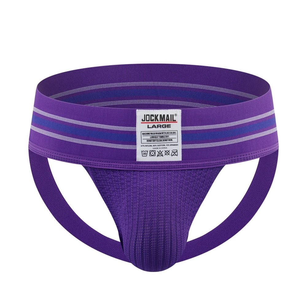 Front view of a purple gay jockstrap with striped waistband and pouch