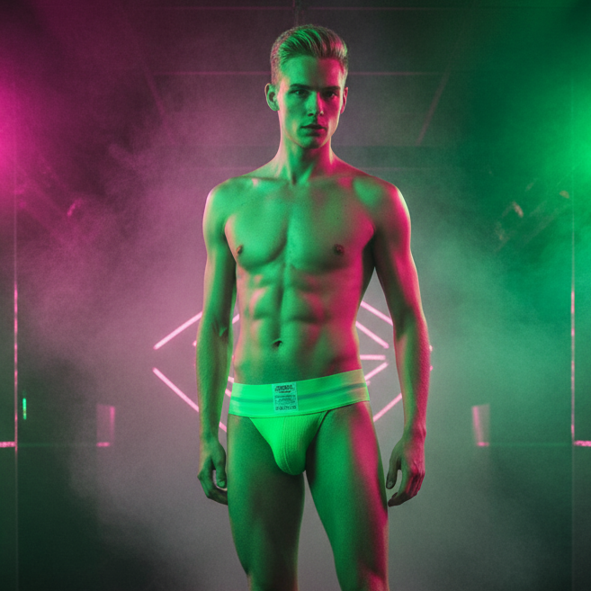 Front-facing model wearing a bright green jockstrap under pink and green club lighting