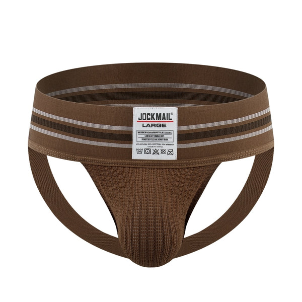 Front-facing brown jockstrap with striped waistband, pouch, and two rear-support straps