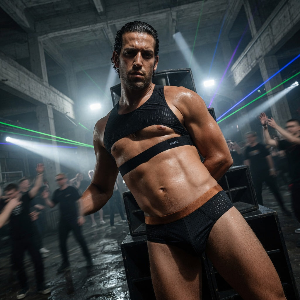 Model wearing a black mesh chest harness and matching briefs at a nightclub event