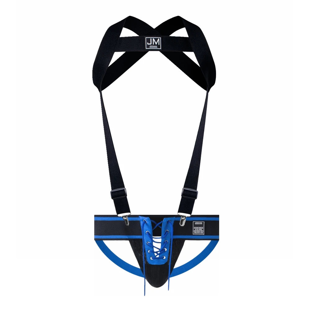 Front view of a black and blue detachable harness with matching lace-up jockstrap