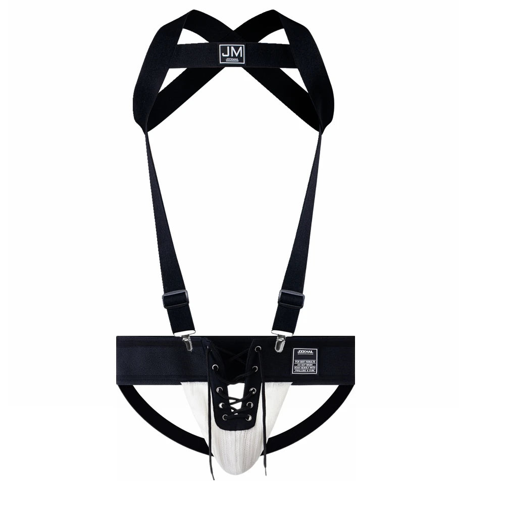 Black detachable harness and white pouch jockstrap set displayed front-facing on white