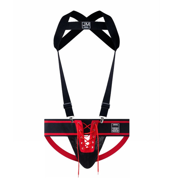 Black and red detachable harness with lace-up jockstrap, shown flat on white