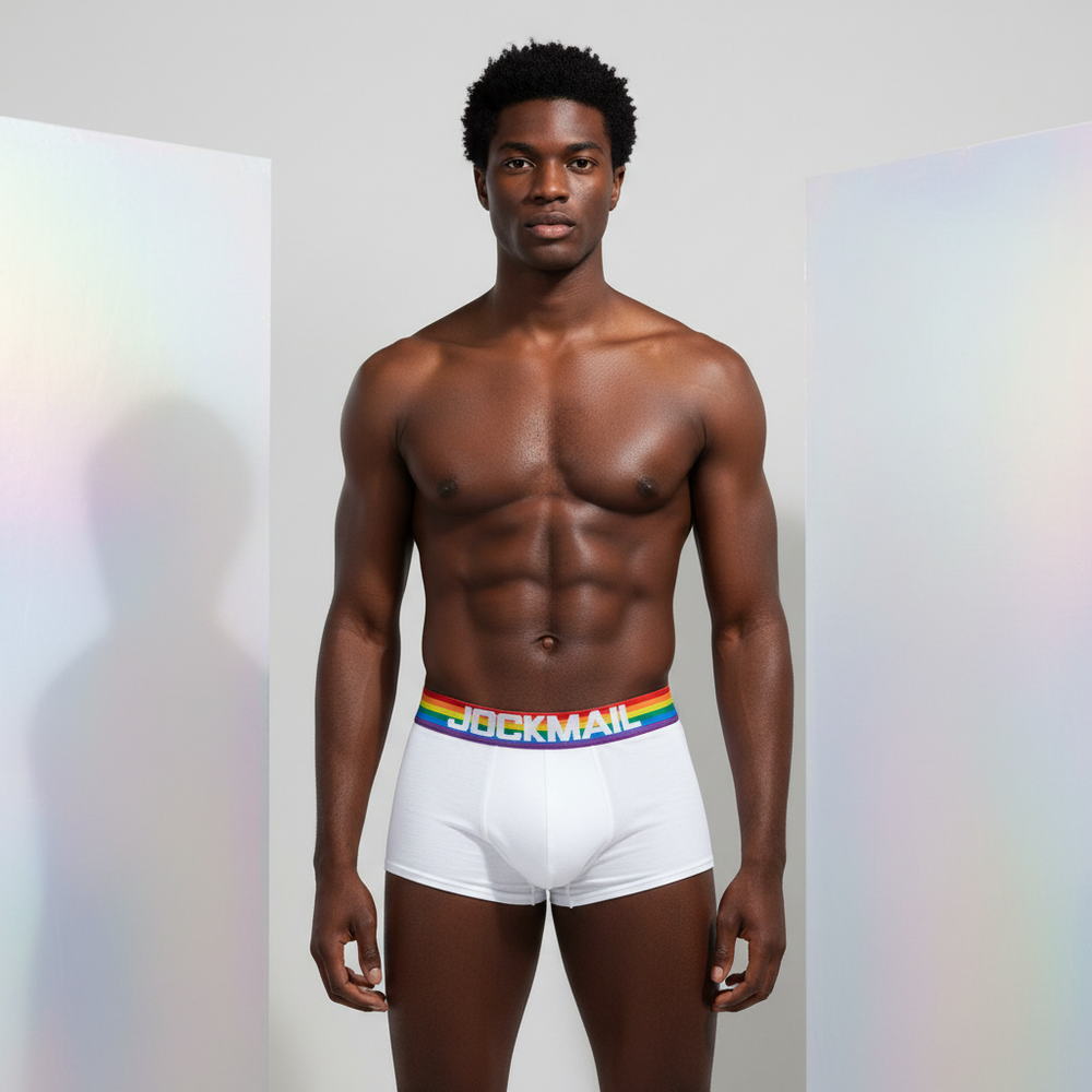 White boxer briefs with a rainbow waistband and JOCKMAIL lettering, worn by a model