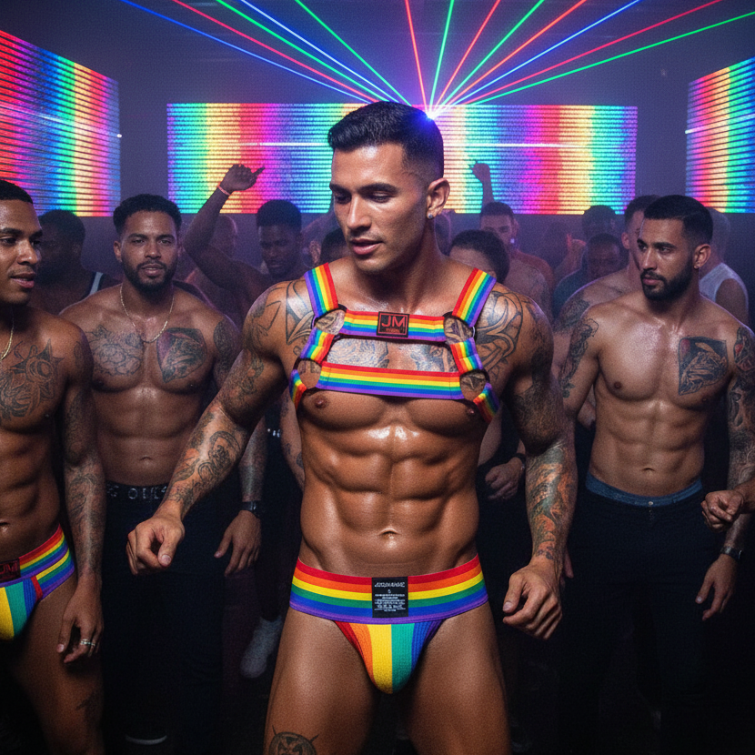 Muscular tattooed person wearing a rainbow harness and matching jockstrap at a club party