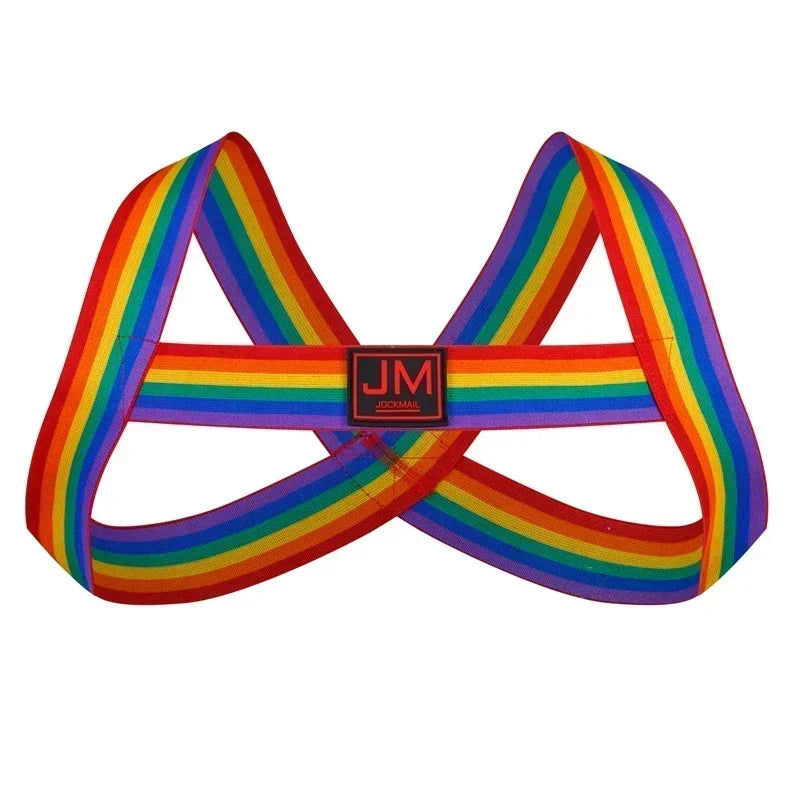 Rainbow Pride elastic chest harness with crossed straps and a centered JM logo patch