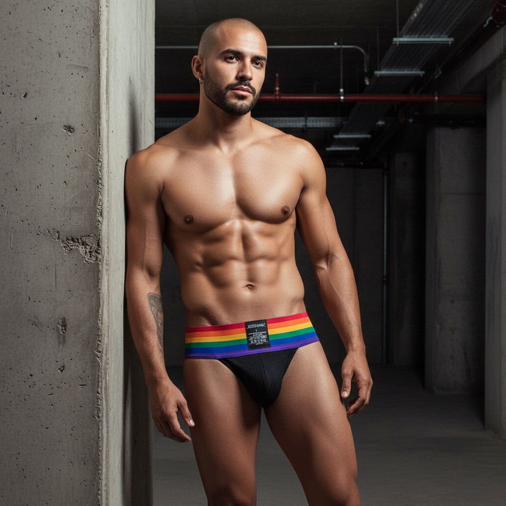 Muscular, bearded person in Jockmail Rainbow Pride jockstrap with rainbow-striped waistband leans on concrete pillar